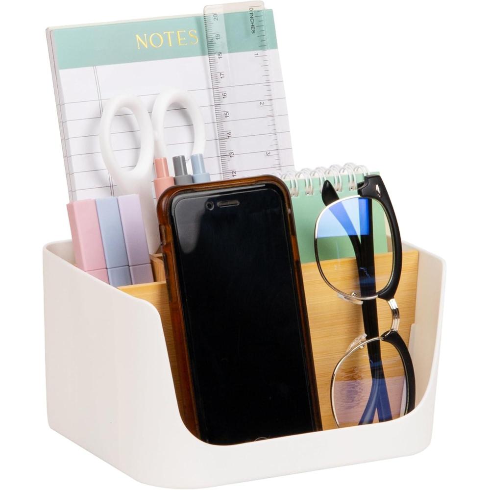 image:imageMind Reader 5Compartment Desktop Organizer Adjustable Caddy Plastic and Wood BlackWhite