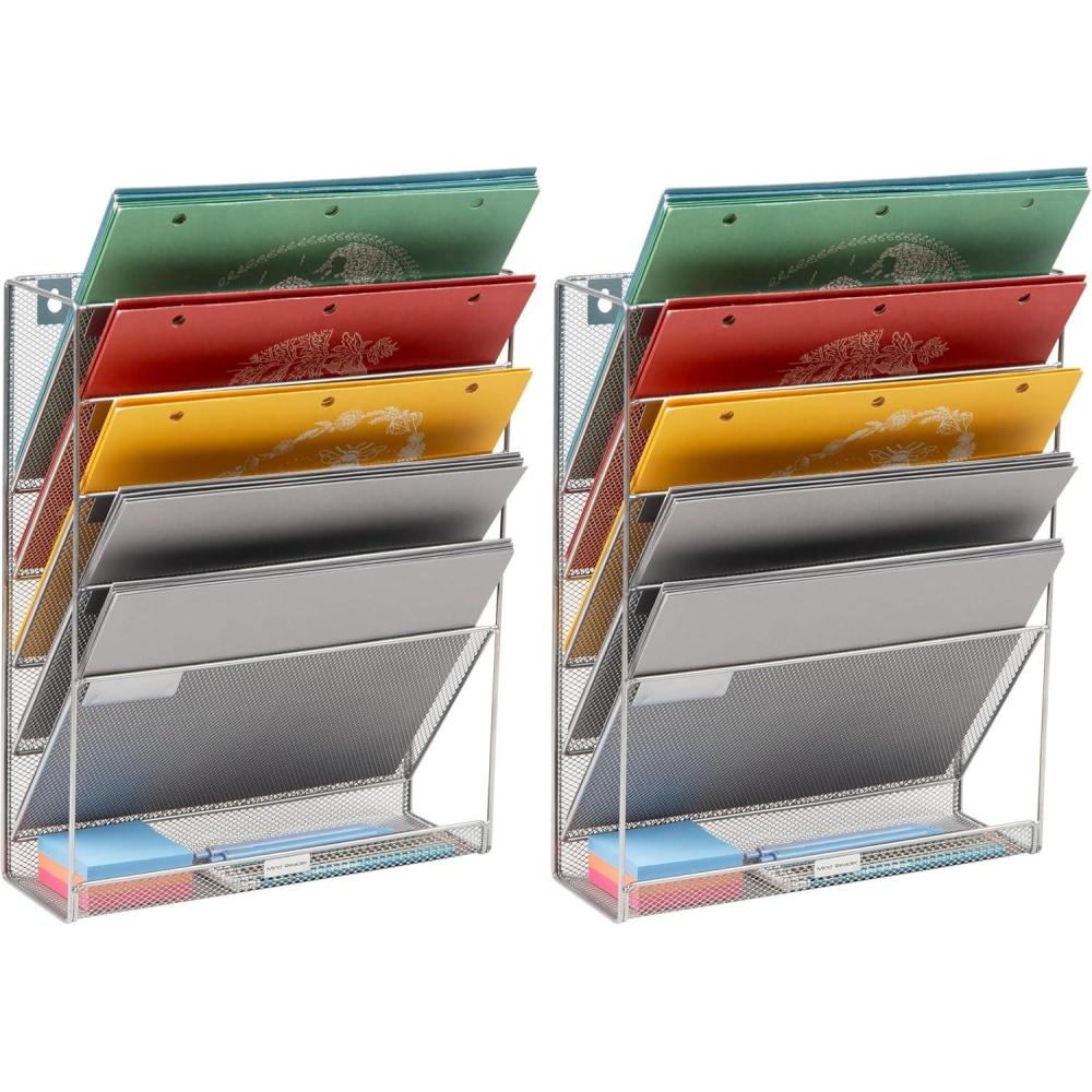 image:imageMind Reader 5Pocket Vertical File Storage Desktop Organizer Wall Mount Office Metal Mesh BlackSilver
