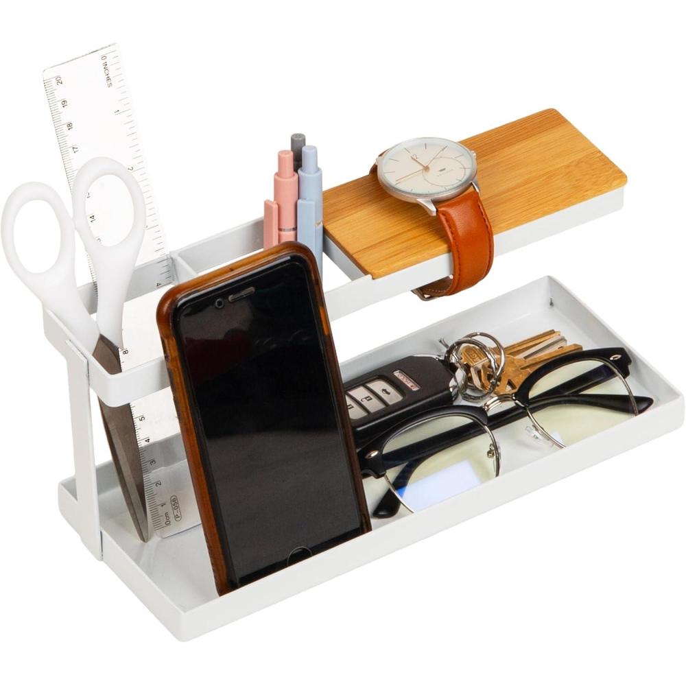 image:imageMind Reader Desktop Organizer Steel and Wood Desktop Dock Catchall Tray for Phone Wallet Watch Keys WhiteWhite