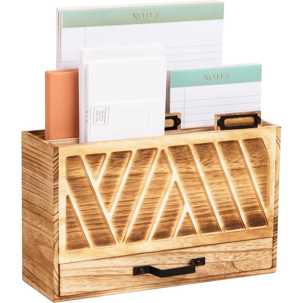 image:imageMind Reader Natural Wood Desktop Mail Organizer with Drawer 3Tier Letter Holder with Label Slots Office Desk Paper Sorter Brown