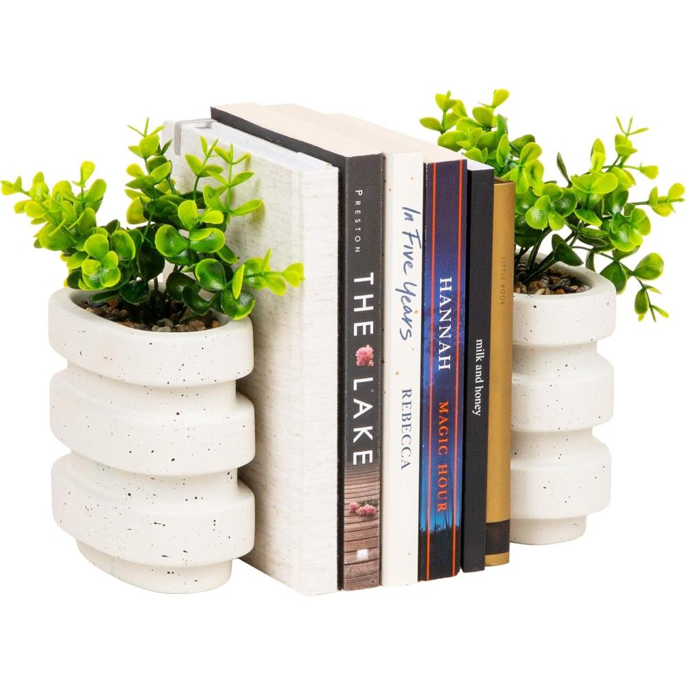 image:imageMind Reader Ribbed Cement Planter Bookends Faux Greenery for Shelves and Desk Decor Set of 2 White