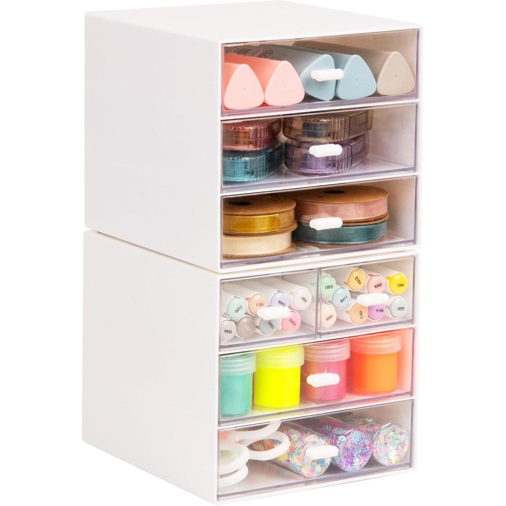 image:imageMind Reader Stackable Craft Supply Organizer 6 Drawer Desktop Storage with Clear Drawers Plastic Set of 2 White