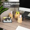 Mind Reader Rattan Vertical File Organizer with Iron Frame, Desktop Organizer, Holds Letter Size Documents, Brown(Pen Cups)