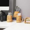Mind Reader Rattan Vertical File Organizer with Iron Frame, Desktop Organizer, Holds Letter Size Documents, Brown(Pen Cups)