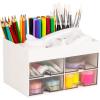 Mind Reader Craft Supply Organizer with Top Tray and 4 Drawers, Desktop Storage for Pens, Scissors, Tape, Beads and Accessories, Plastic, White