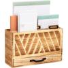 Mind Reader Natural Wood Desktop Mail Organizer with Drawer, 3-Tier Letter Holder with Label Slots, Office Desk Paper Sorter, Brown