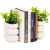 Mind Reader Ribbed Cement Planter Bookends, Faux Greenery for Shelves and Desk Decor, Set of 2, White