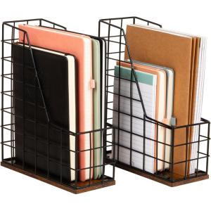 Mind Reader 2-Tier Rustic Letter Tray Organizer with Metal Frame, Wood Base for Desk or Office, Stackable, Metal and Wood, Black(Vertical File Organizer)