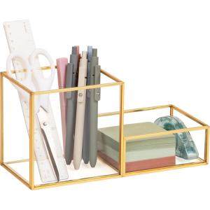 Mind Reader 4-Compartment Glass Desktop Organizer with Copper Trim, Angled Design for Office Supplies, Makeup & Accessories, Glass and Copper, Clear(9.5″ x 3.9″ x 4.7″)