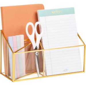 Mind Reader 4-Compartment Glass Desktop Organizer with Copper Trim, Angled Design for Office Supplies, Makeup & Accessories, Glass and Copper, Clear(9.8″ x 3.9″ x 5.5″)