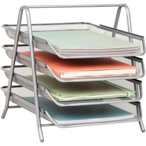 Mind Reader 4-Tier Paper Tray, Desktop Organizer, File Storage, Workspace, Office, Metal Mesh, 12″L x 13.75″W x 12.5″H, Black(Silver)