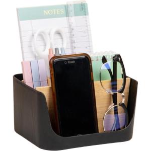 Mind Reader 5-Compartment Desktop Organizer, Adjustable Caddy, Plastic and Wood, Black(Black)