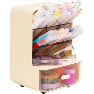 Mind Reader Compact Craft Supply Organizer with Drawer, 6 Slanted Compartments, Non-Skid Feet, Desktop Storage for Markers, Pens, Tools & Art Essentials, Plastic, White