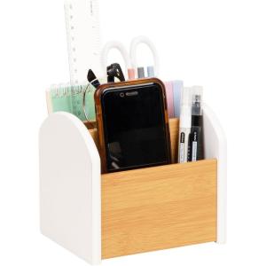 Mind Reader Desktop Organizer with 3 Compartments, Natural Wood and Matte Finish Sides, Compact Desk Storage, Wood, White(White)