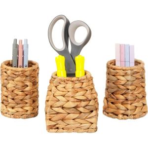 Mind Reader Rattan Vertical File Organizer with Iron Frame, Desktop Organizer, Holds Letter Size Documents, Brown(Pen Cups)