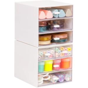 Mind Reader Stackable Craft Supply Organizer, 6 Drawer Desktop Storage with Clear Drawers, Plastic, Set of 2, White