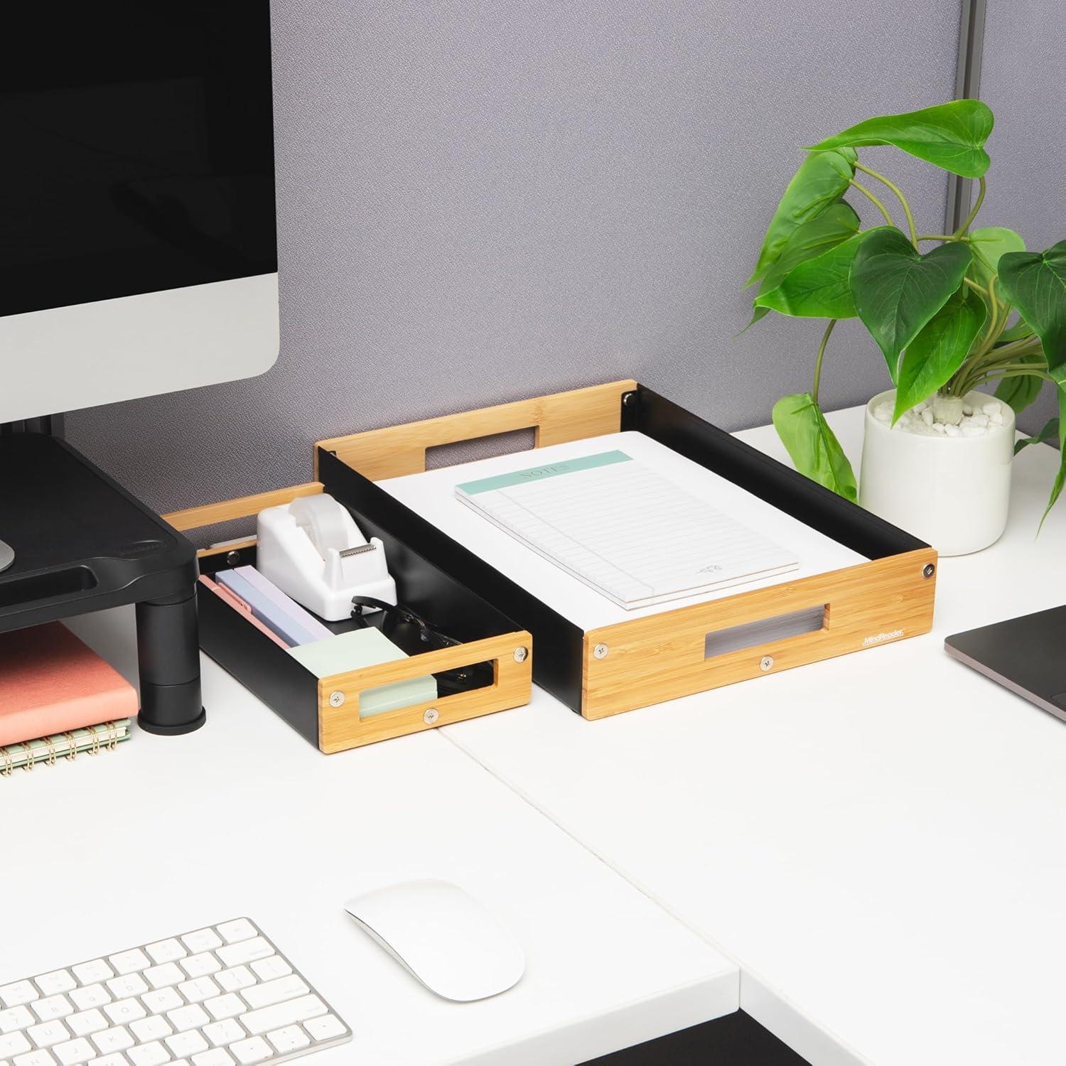 image:imageMind Reader Metal and Wood Tiered Desktop Organizer Trays with Cutout Handles Stackable Office Storage Office Entryway Coffee Station and Home Organization Metal and Wood Set of 2 BlackBlack