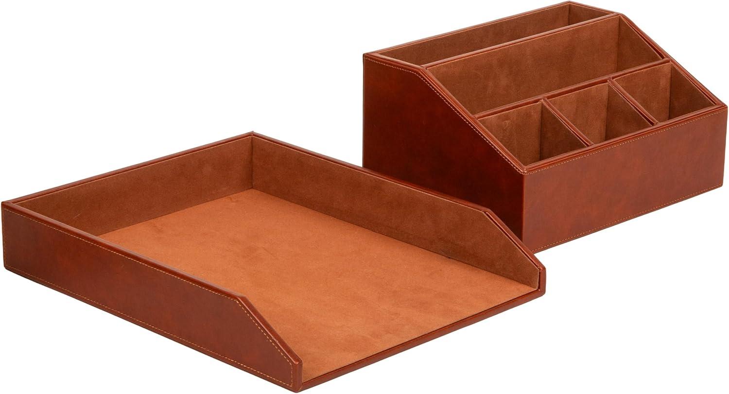 image:imageMind Reader PU Leather Desk Organizer and Letter Tray Set Stackable Paper Tray Pen Cup and Card Holder Brown