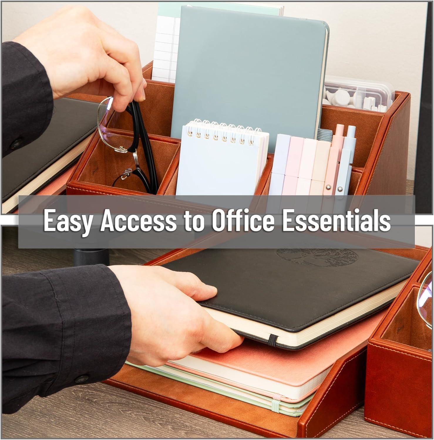 image:imageMind Reader PU Leather Desk Organizer and Letter Tray Set Stackable Paper Tray Pen Cup and Card Holder Brown