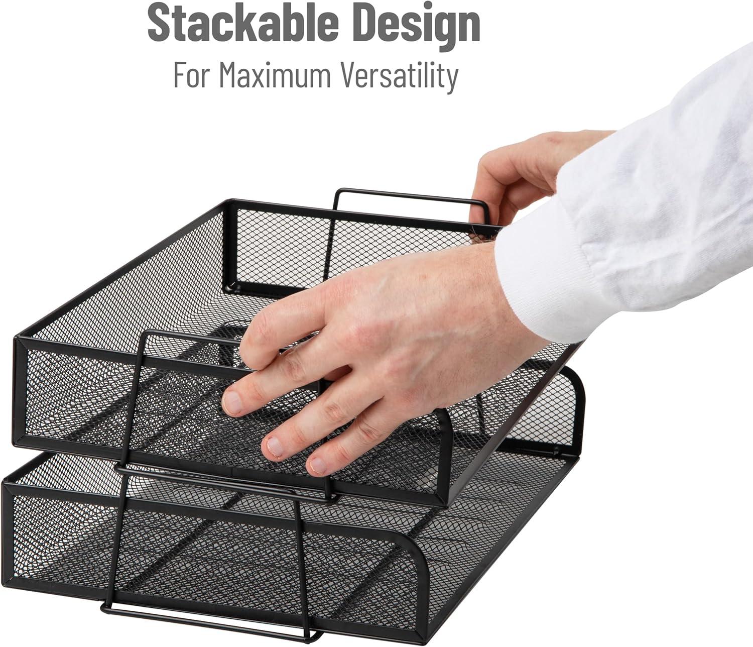 image:imageMind Reader Stackable Paper Tray Desktop Organizer File Storage Office Metal Mesh 2 Pcs BlackBlack