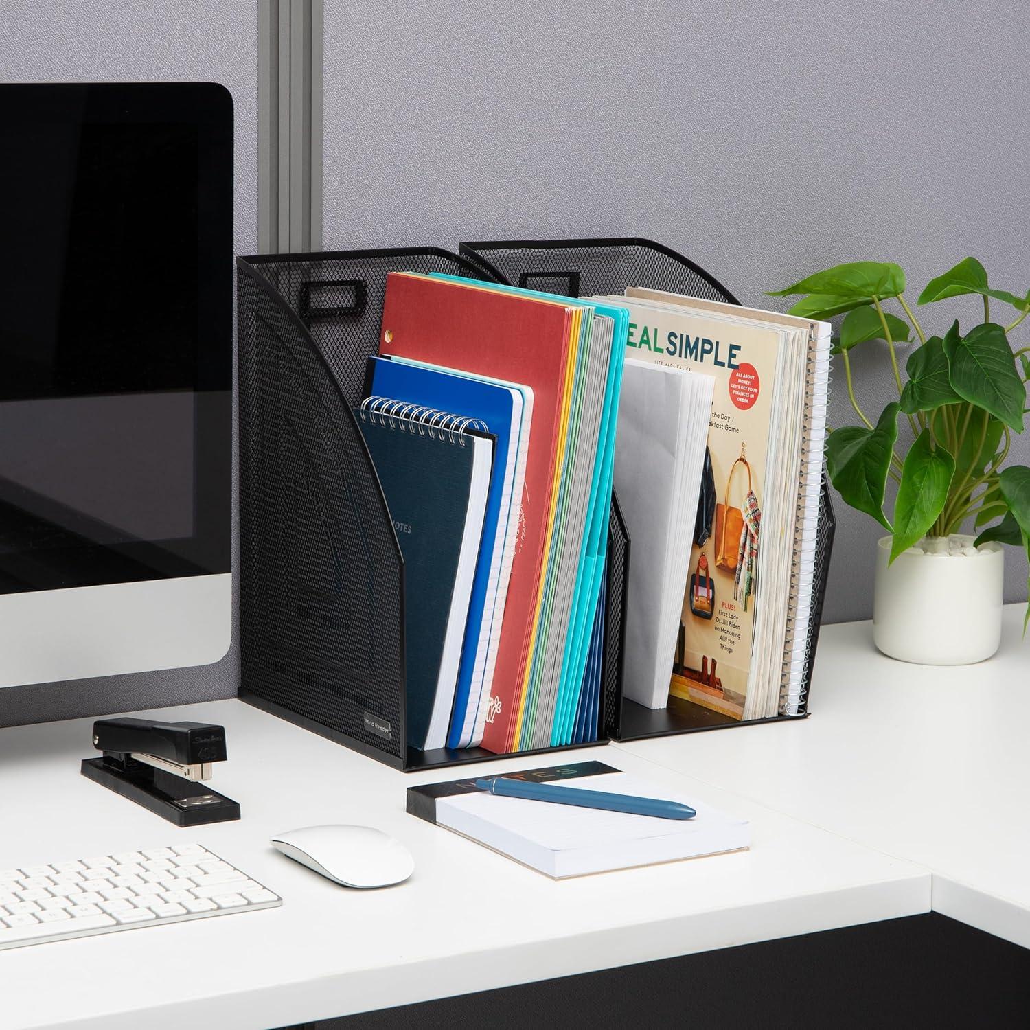 image:imageMind Reader Vertical File Organizers Desktop File Holders for Folders Magazines and Paperwork Workspace Organizer Metal Mesh Set of 2 BlackPack of 4