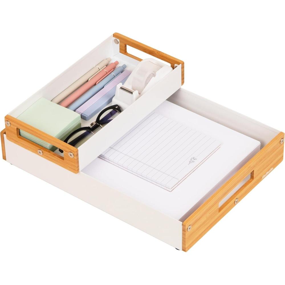 image:imageMind Reader Metal and Wood Tiered Desktop Organizer Trays with Cutout Handles Stackable Office Storage Office Entryway Coffee Station and Home Organization Metal and Wood Set of 2 BlackWhite