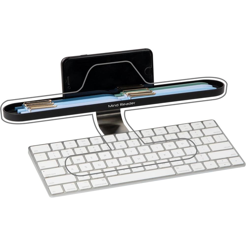 image:imageMind Reader Over Keyboard Shelf Desktop Organizer Phone Holder Storage Phone Holder Office 13L x 2W x 35H BlackAbove Desk Compartments