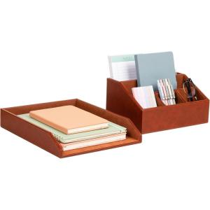 Mind Reader PU Leather Desk Organizer and Letter Tray Set, Stackable Paper Tray, Pen Cup and Card Holder, Brown
