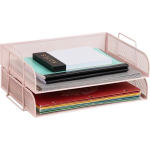 Mind Reader Stackable Paper Tray, Desktop Organizer, File Storage, Office, Metal Mesh, 2 Pcs., Black(Pink)