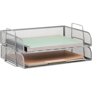 Mind Reader Stackable Paper Tray, Desktop Organizer, File Storage, Office, Metal Mesh, 2 Pcs., Black(Silver)